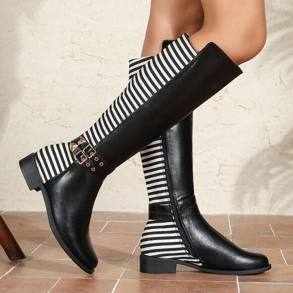 Black And White Business Casual Women's Knee-High Boots - Picture 2 of 7